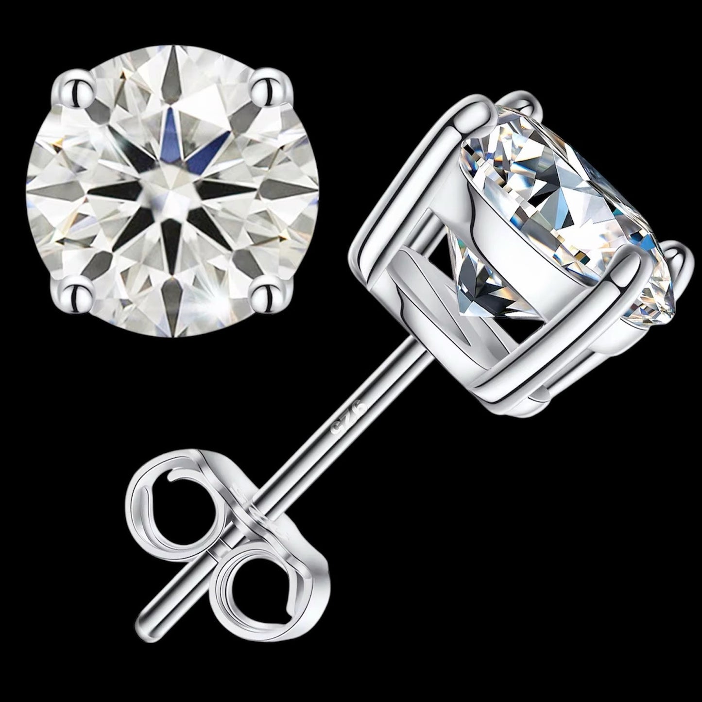 Studs Coupe Ronde En Moissanite - Solitaire