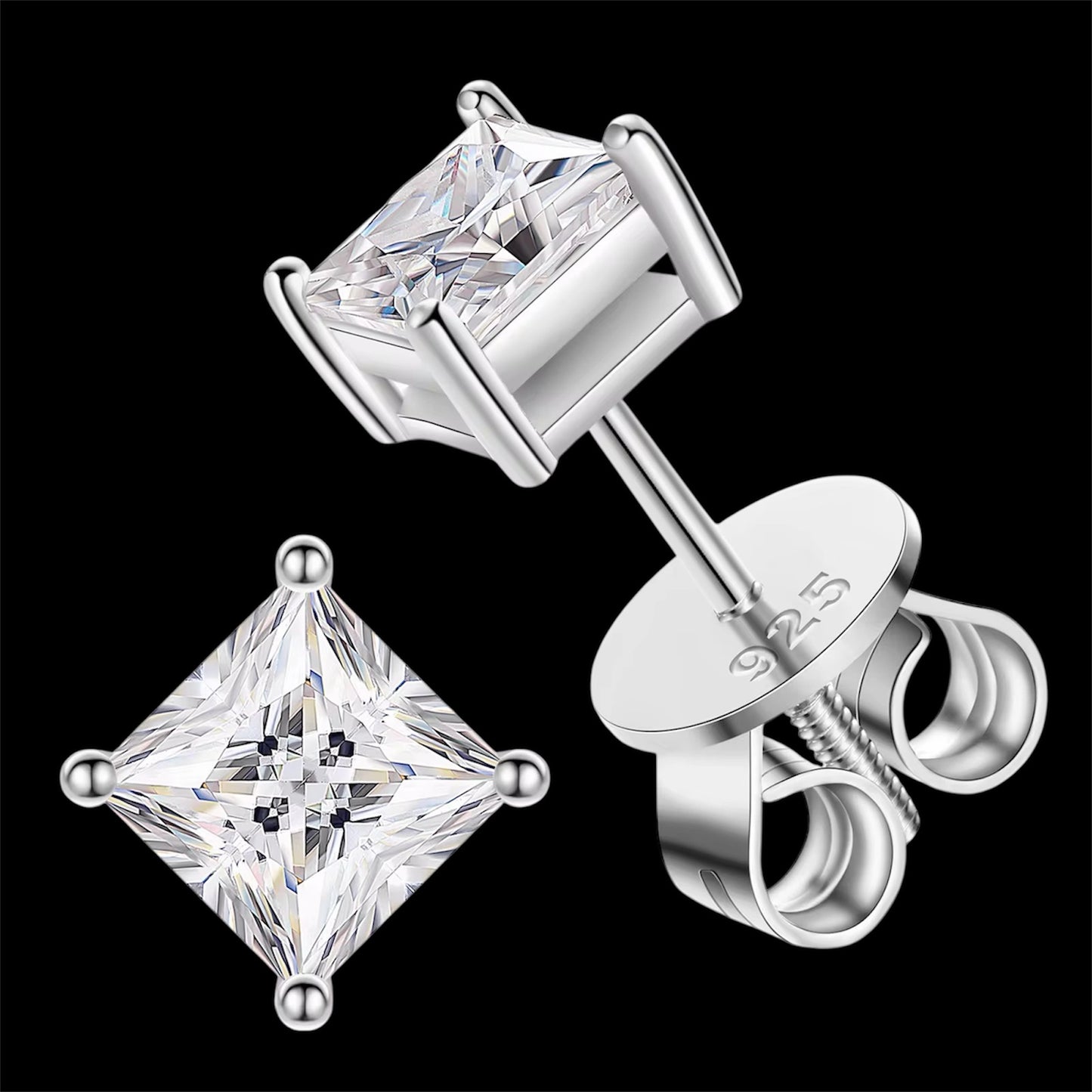 Studs Coupe Princesse En Moissanite - Solitaire