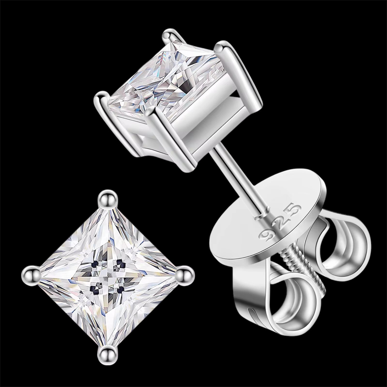 Studs Coupe Princesse En Moissanite - Solitaire