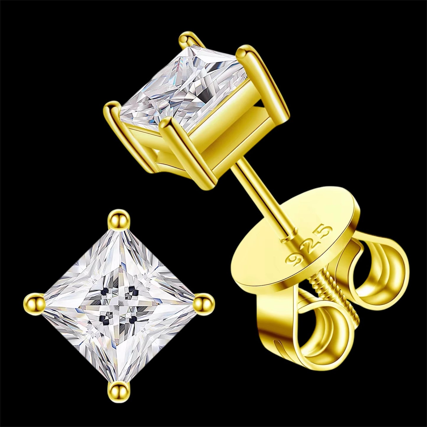 Studs Coupe Princesse En Moissanite - Solitaire