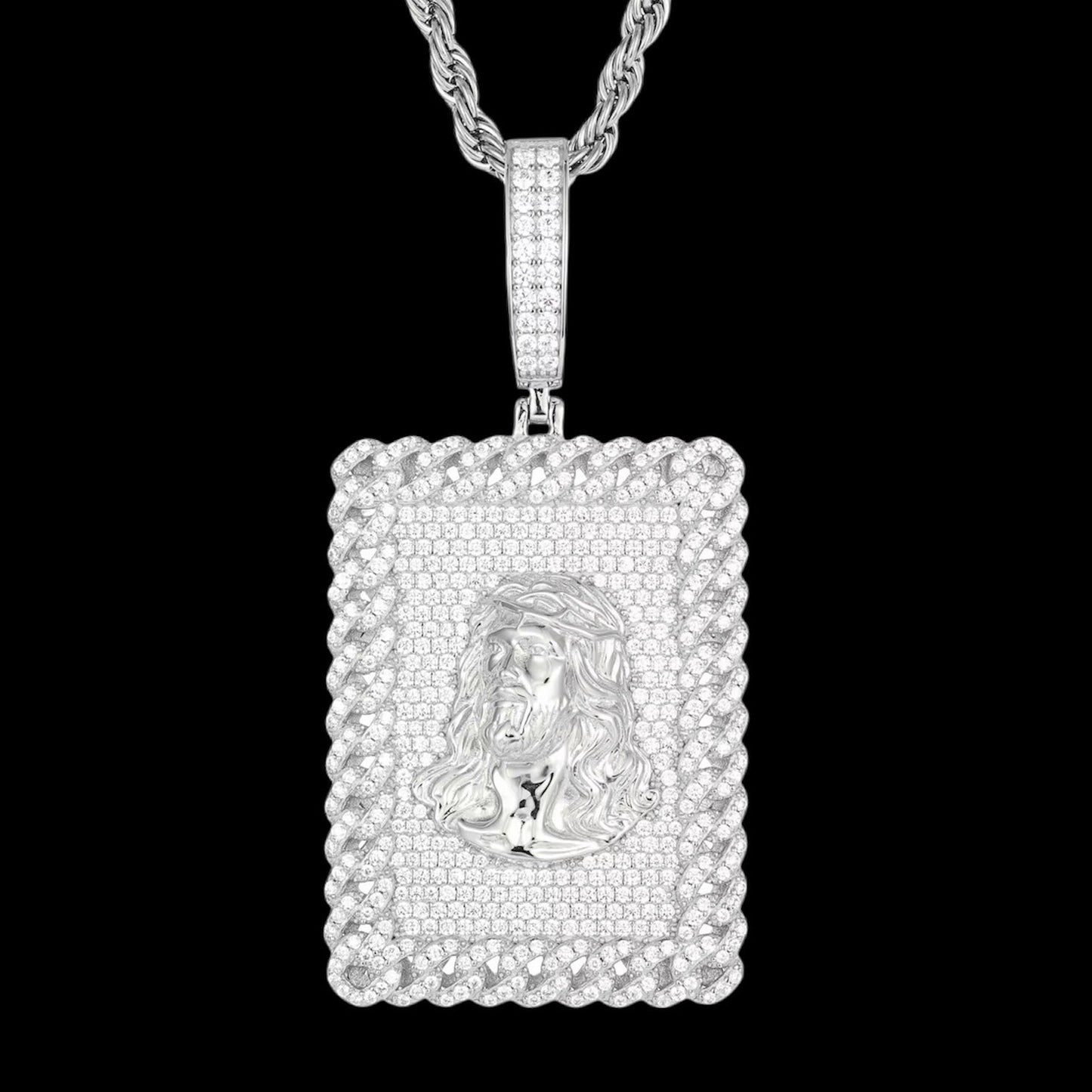 Pendentif Carré Cuban Jésus En Moissanite - Solitaire