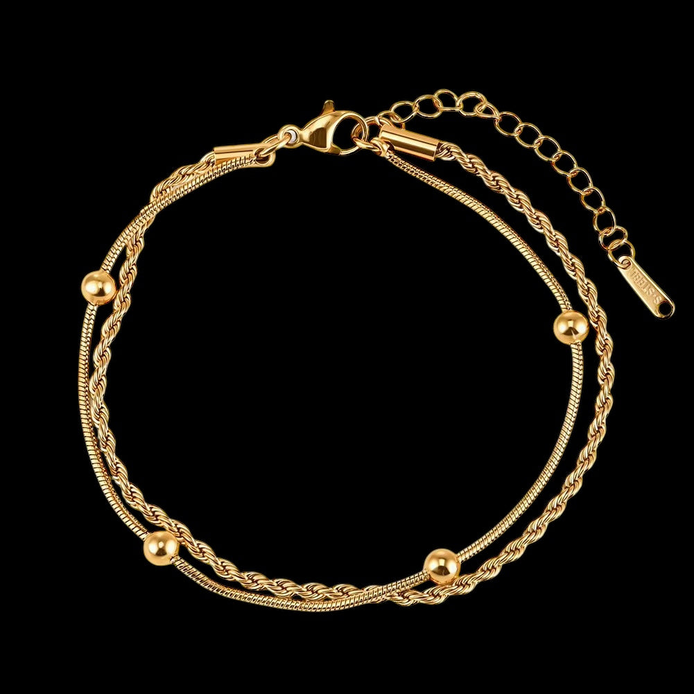 Bracelet Double Maille Perlée En Acier Inoxydable - Solitaire
