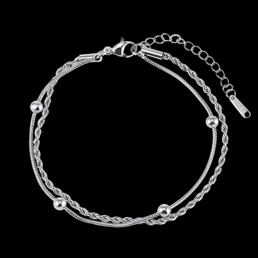 Bracelet Double Maille Perlée En Acier Inoxydable - Solitaire