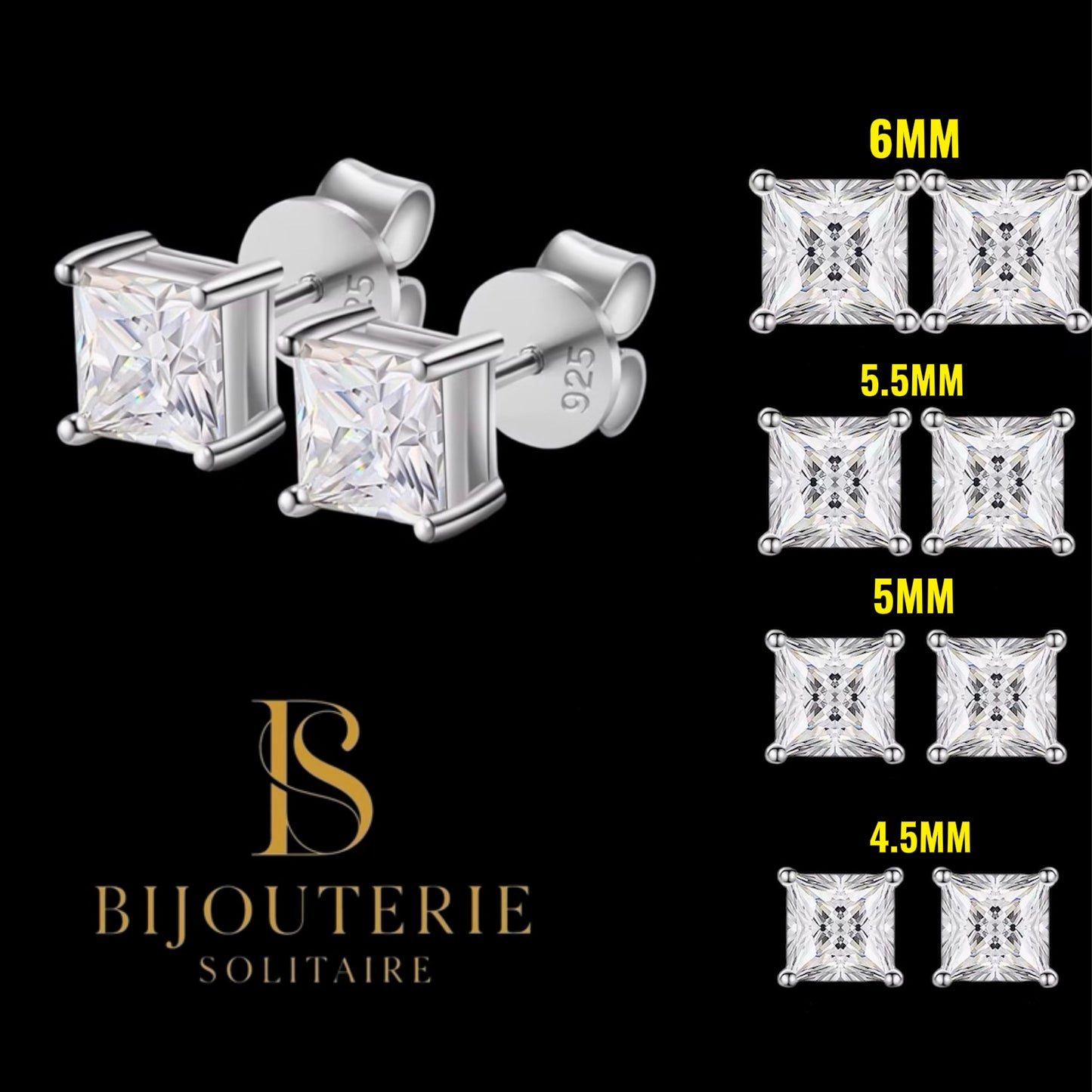 Studs Coupe Princesse En Moissanite - Solitaire