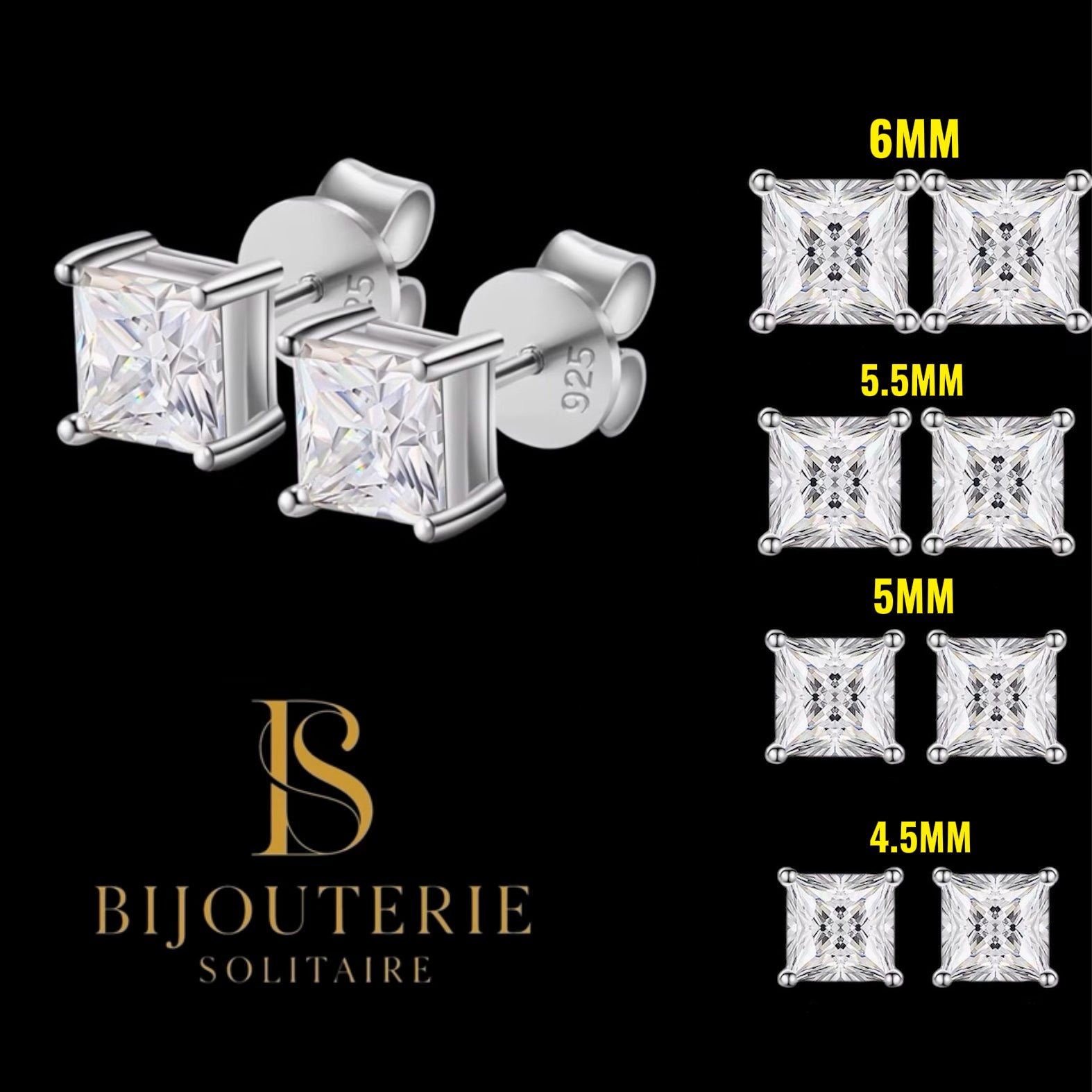 Studs Coupe Princesse En Moissanite - Solitaire
